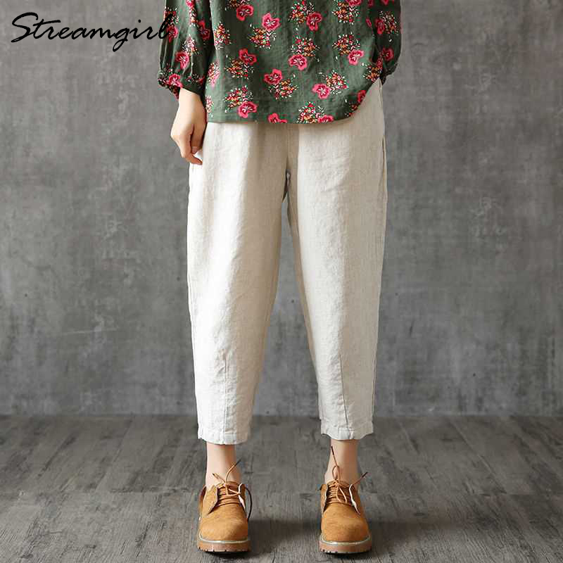 Vintage Women Linen Pants Plus Size 2019 Summer Pant Capris Loose Thin Fabric Linen Cotton Pant Solid Color Harem Pants Women T200319