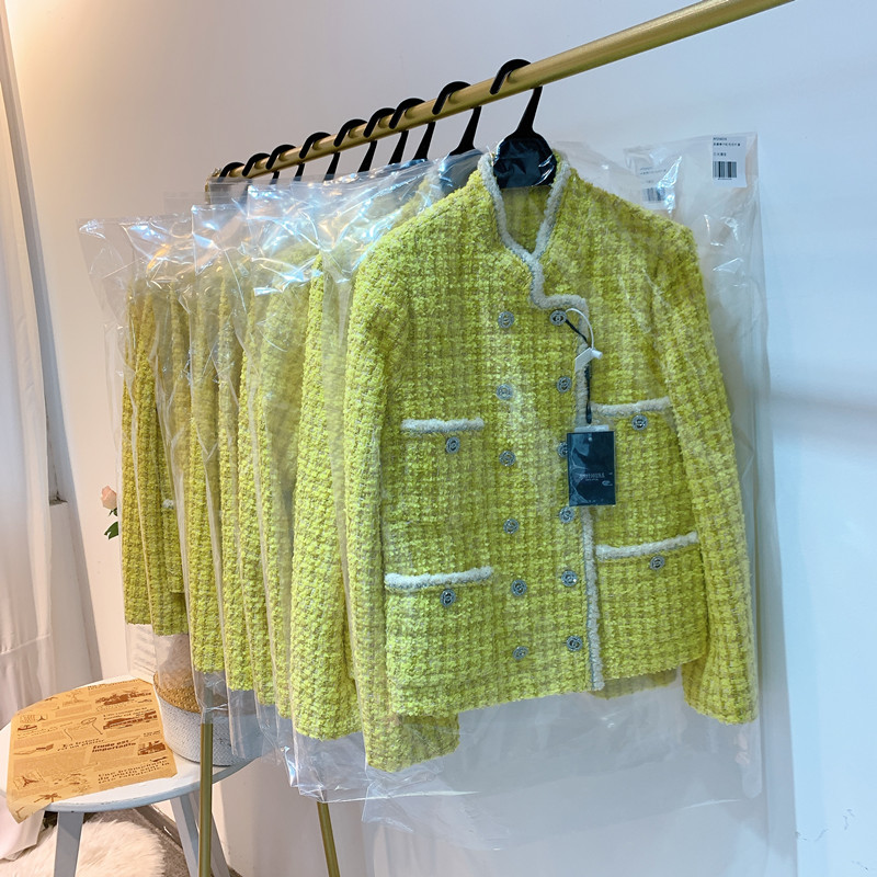 High Quality Runway Women Tweed Jacket Autumn Office Ladies Double Breasted Crystal Buttons Kpop Yellow Plaid Jackets Coat 201014