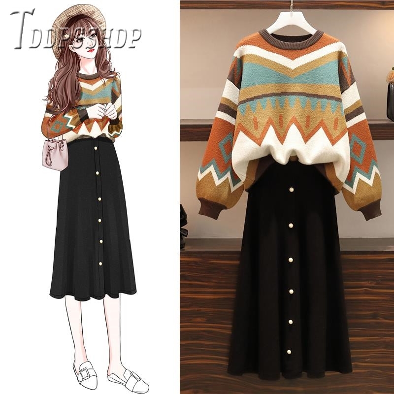 Plus Size Autumn Winter Casual Women Sets Sweater And Skirt Female Sets 201102