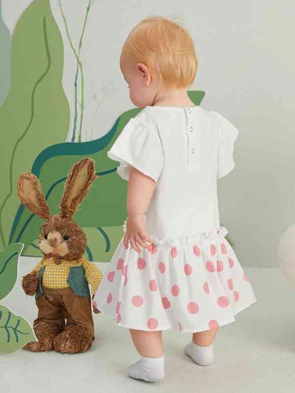 Baby Polka Dot & Cartoon Graphic Ruffle Trim Frilled Smock Dress SHE