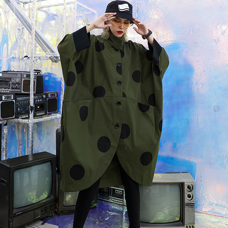 XITAO Irregular Plus Size Trench Women Polka Dot Autumn Single Breast Pocket Elegant Patchwork Turn Down Collar Coat GCC1781 201015