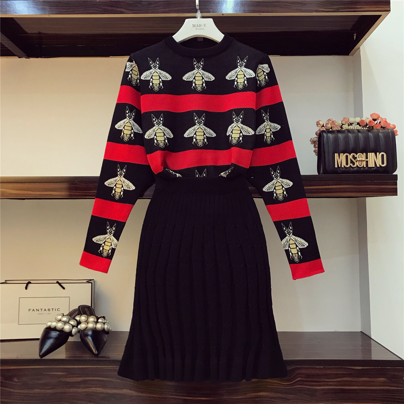 ALPHALMODA 2018 Bees Hit Striped Colored Women Knitted Sweater Skirt Suits OL Autumn Winter Vintage Fashion Clothing Sets