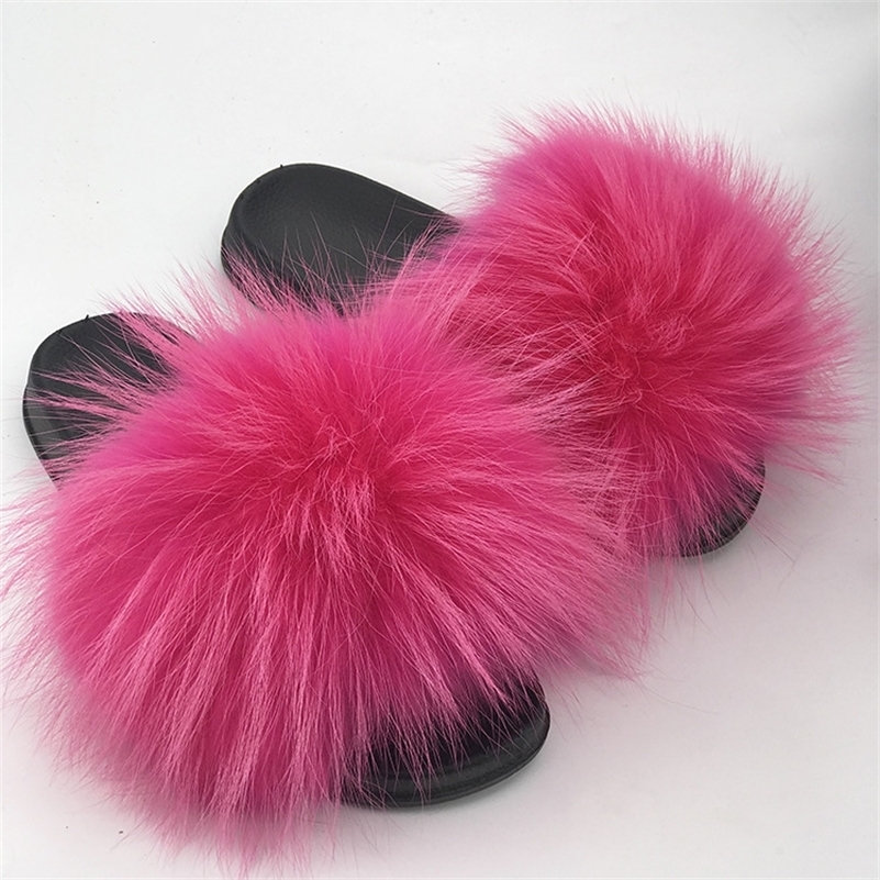 Real Raccoon Fur Slippers Women Sliders Casual Fox Hair Flat Fluffy Fashion Home Summer Big Size 45 Furry Flip Flops Shoes Y200423