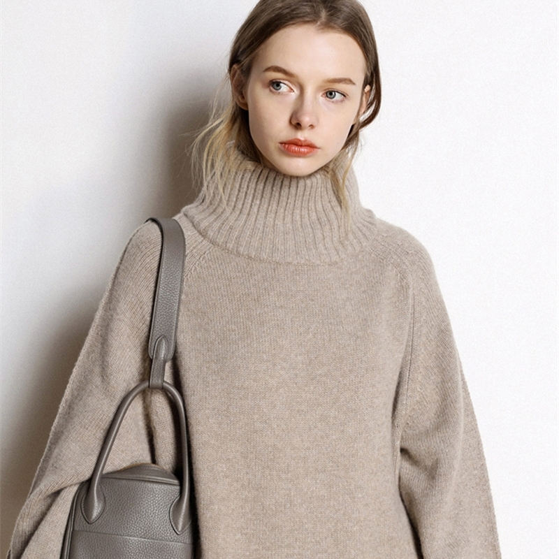 Cashmere sweater women's new high-neck cashmere sweater women's solid color long loose sweater large size knit bottoming shirt 201023