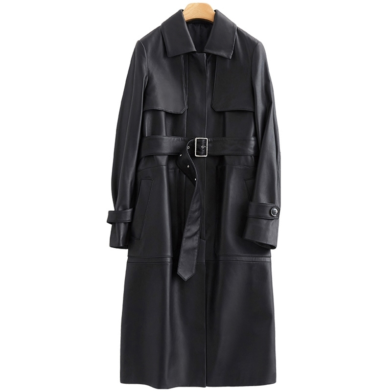 Nerazzurri black long leather trench coat women with belt turn down collar spring faux leather coat leather clothes for women 201226