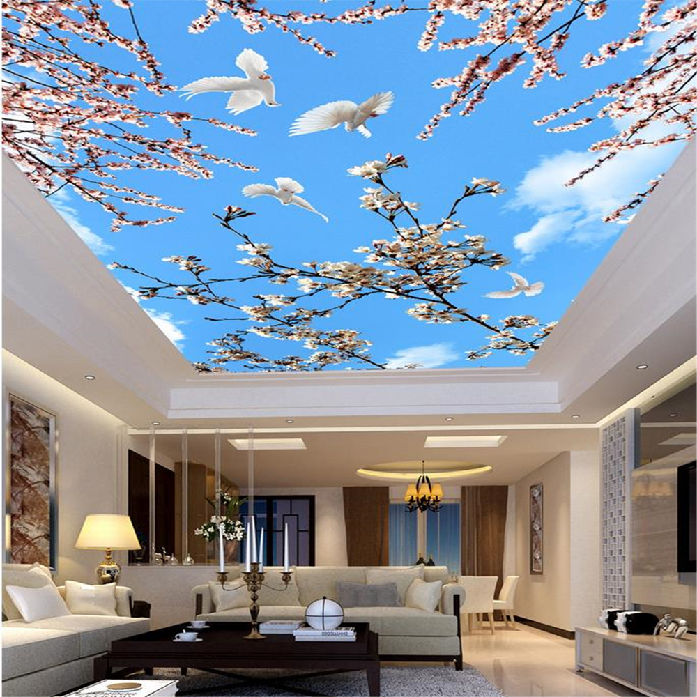 sky ceiling wallpaper Flowery branch blue sky white cloud living room bedroom ceiling ceiling mural