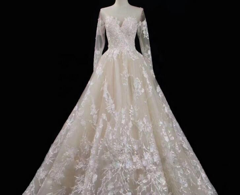 2021 Gorgeous Spring Autumn Floral Lace Wedding Dresses A Line Sexy Backless Illusion Long Sleeves Garden Bridal Gowns Train Bride Dress