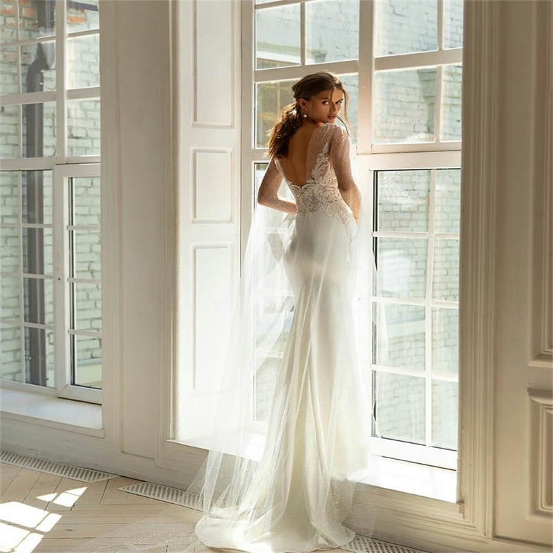 Chic Mermaid Wedding Dresses Long Sleeves Bling Sequins Appliques Lace Bridal Gowns Backless Ruched Satin Vestidos De Novia