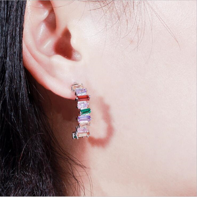 Top Sell Luxury Jewelry 18K White&Gold Fill T Princess Cut Multi Color Topaz CZ Diamond Popular Women Wedding Stud Earring For Lover Gift
