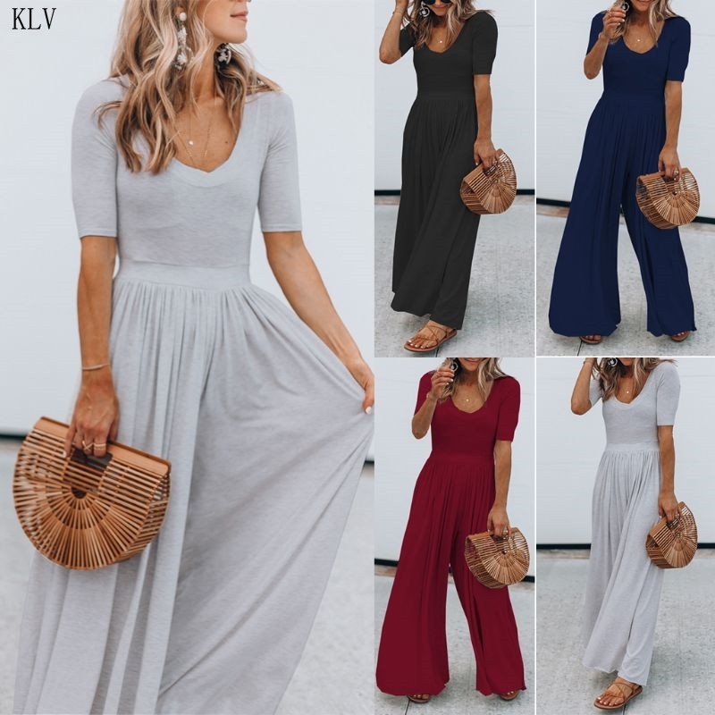 Women Vintage Short Sleeve Jumpsuit Summer O Neck Long Wide Leg Solid Overall Jumpsuits Romper T200509