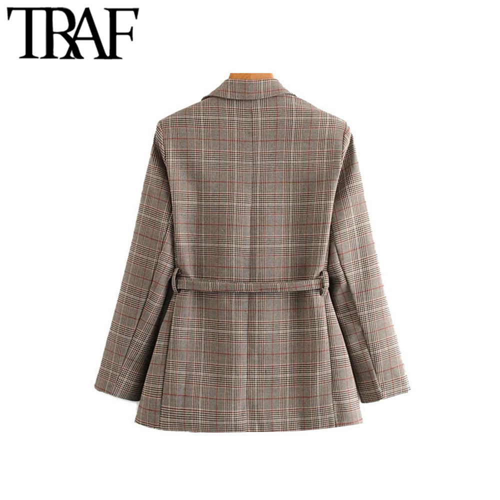 TRAF Women Vintage Stylish Office Wear Plaid Blazer Coat Fashion Long Sleeve With Belt Female Outerwear Chic Tops 201114