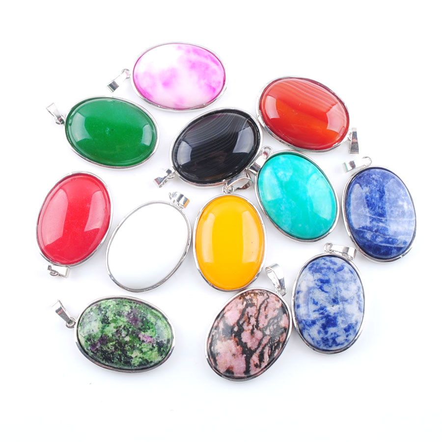 WOJIAER Natural Blue-veins stone Jade Gem Stone Pendant Oval Bead Silver Plated Healing Reiki Chakra for Necklace Jewelry BN377