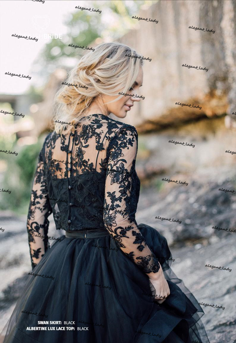 Swan Black Gothic Engagement Wedding Dresses 2021 Waves Horsehair Skirt Albertine Lace Top Bohemian Long Sleeve Beach Bridal Gowns