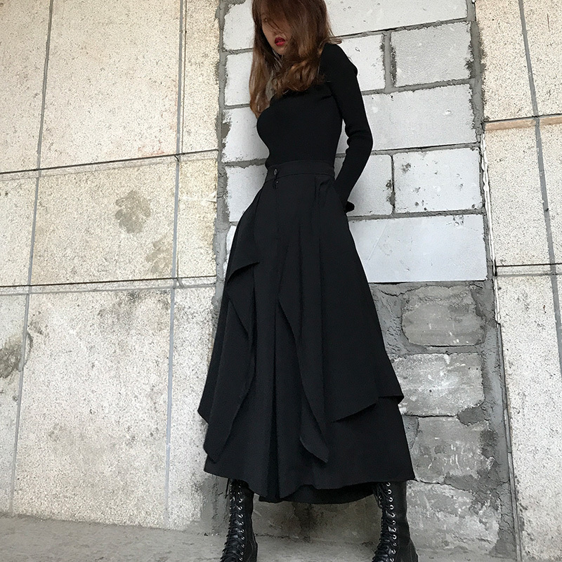 LANMREM Black Zipper Waist Splicing Ruffled Irregular Woman Skirt Casual Versatile Simple Fashion autumn Dresses New TV783 201031