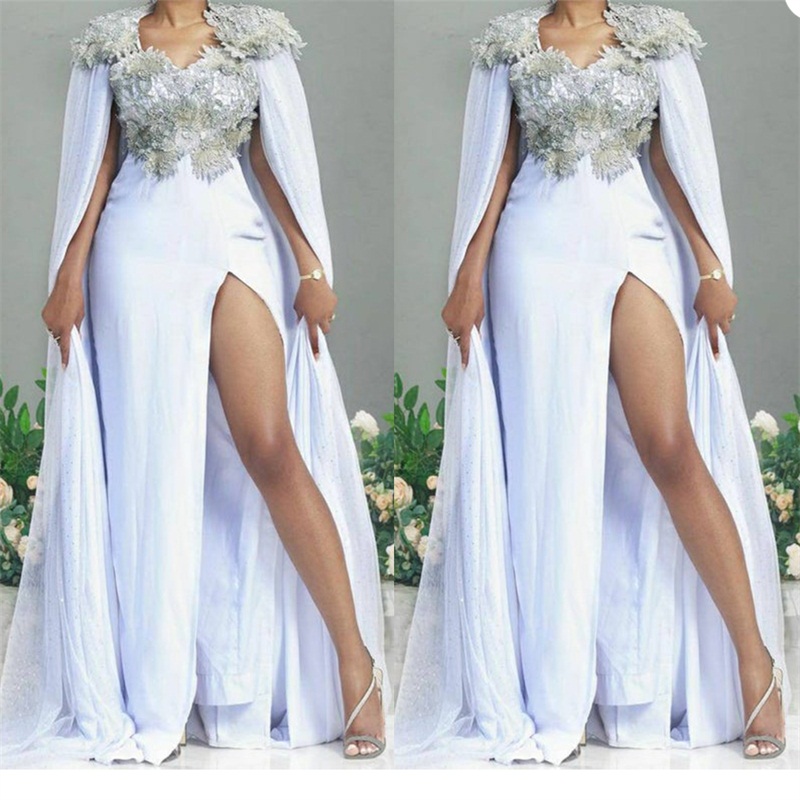 Real Image Mermaid Evening Dresses With Wrap 3D Floral Appliqued Lace Prom Dresses Custom Made Side Split Robes De Mariée