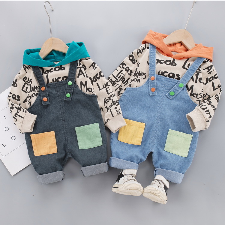 Childrenswear 2020 Autumn New Style of Fat Children Long Sleeve Piece Cowboy Suspender Pants Hoodie SetX1019