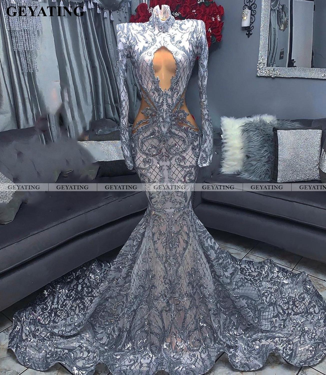 Sparkle Sequin Silver Black Girls Prom Dresses 2020 Mermaid Long Sleeves High Neck Cutout Plus Size African Long Graduation Gown
Sparkle Sequin Silver Black Girls Prom Dresses 2020 Mermaid Long Sleeves High Neck Cutout Plus Size African Long Graduation Gown