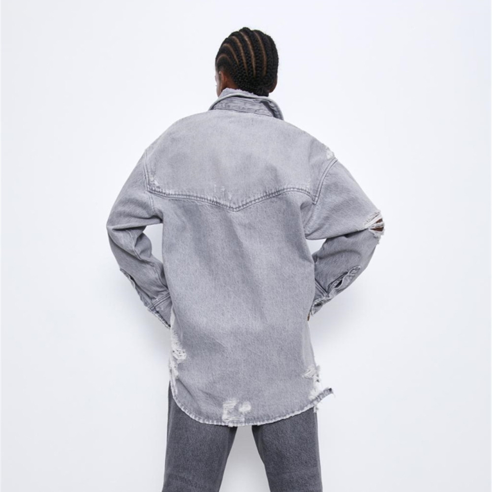 2019 ZA Fashion Women Denim Jacket Casual Coat Hole Manually Worn Out Vintage Loose Shirt Statement Street Autumn Winter New T200828