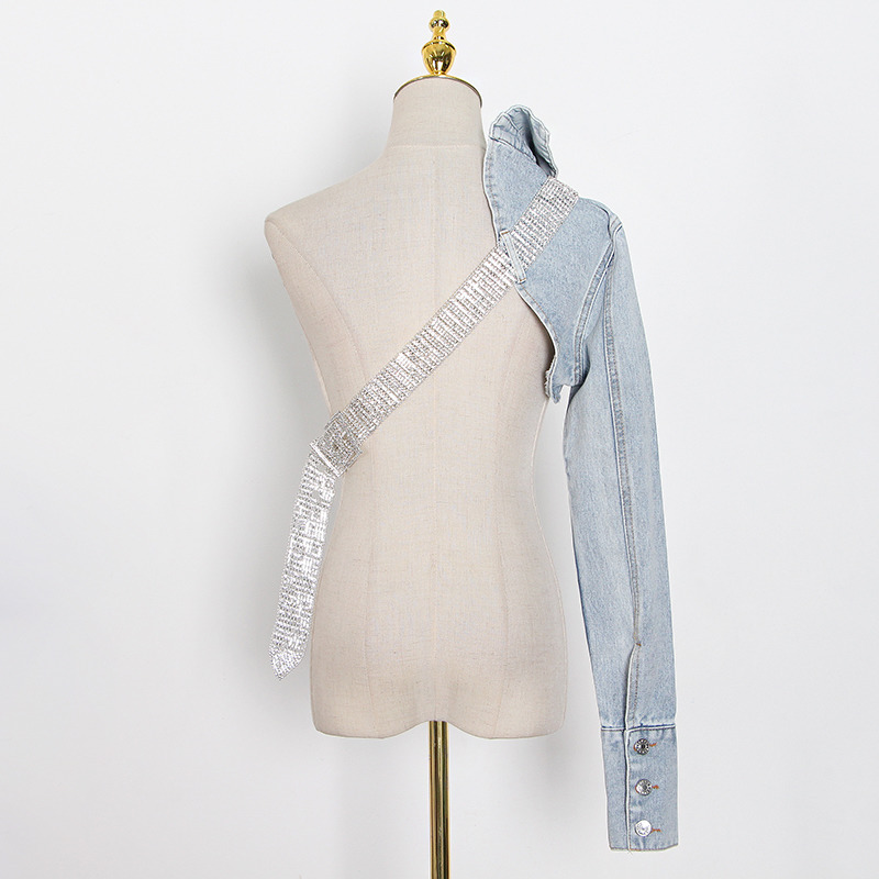 TWOTWINSTYLE Asymmetrical Sexy Denim Women Jacket Lapel Long Sleeve Patchwork Diamond Short Tops Female Summer Fashion New 201017