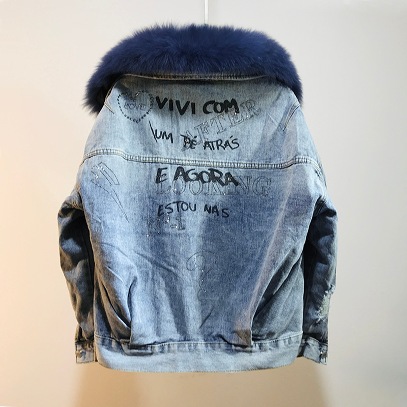 Winter New Women Warm Coat Real Fox Fur Collar Natural Rabbit Hair Liner Denim Jacket Slim Jean thick Outwear T200915
