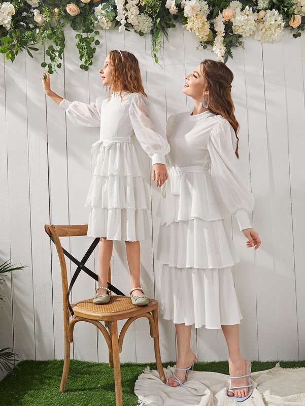 Girls 1pc Solid Bishop Sleeve Layered Hem Belted Dress SHE