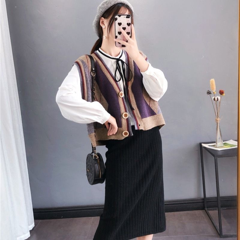 Cardigan vest women knit autumn and winter loose check sleeveless waistcoat sweater vest jacket college style 201223