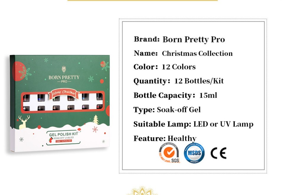Nail Art Kits BORN PRETTY PRO 12 Pcs/Set 15ml Christmas Collection Gel Polish Red Blue Gold Silver Colors UV For