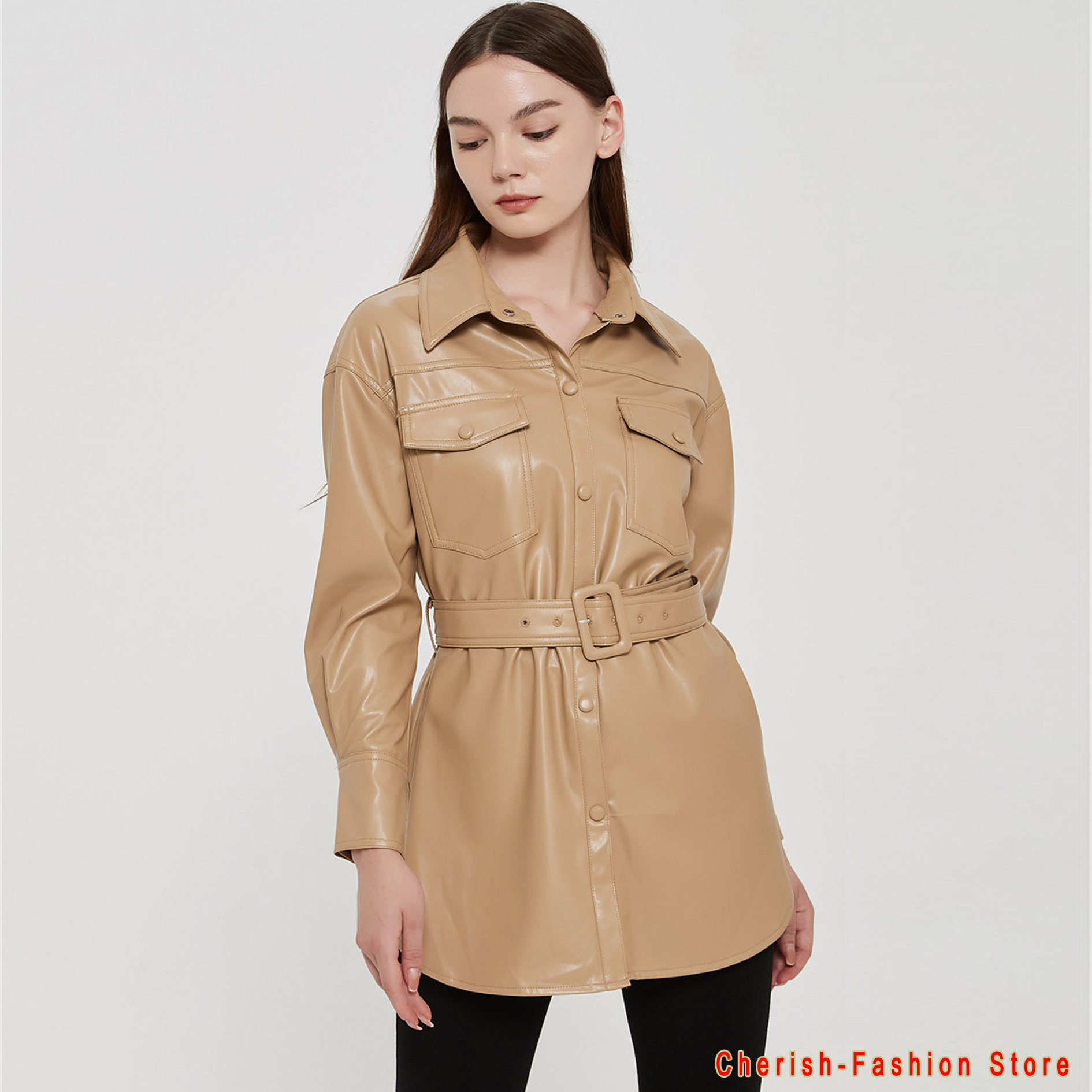 Motorcycle Women Leather Shirt Street Personality Metal Single Buttons Pu Shirt Autumn Winter Casual Long Sleeve Tops Blouse 201020