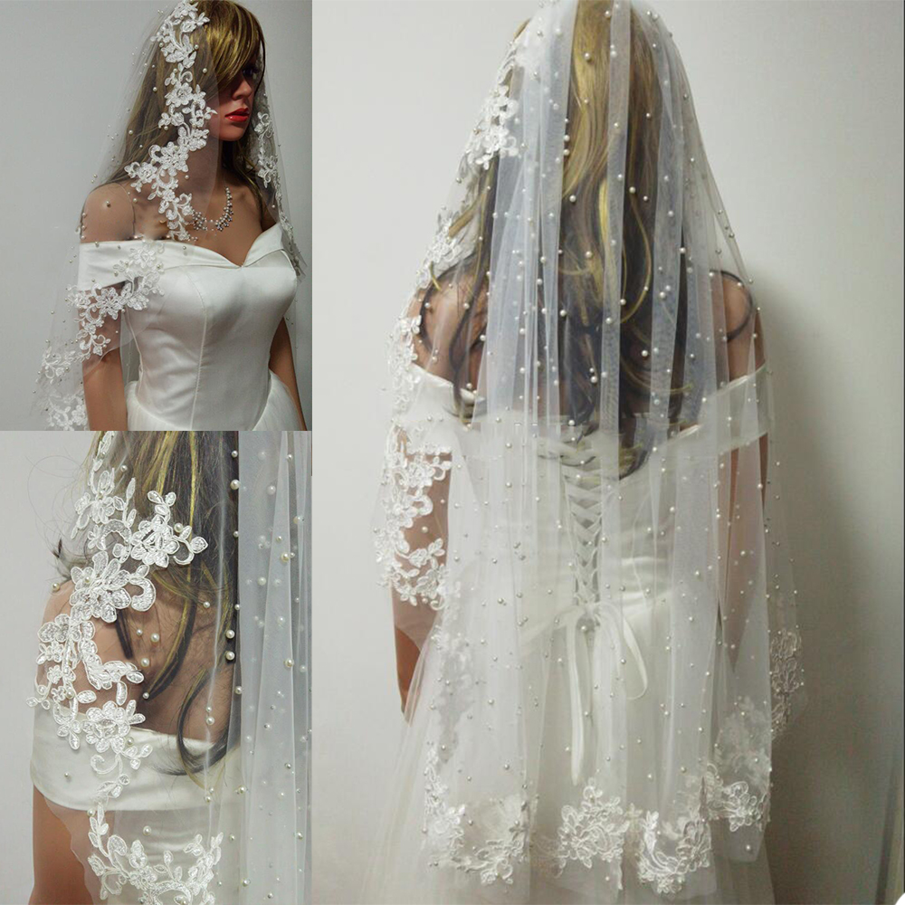 Simple White Ivory Pearls Beading Wedding Veils One Layer Lace Appliques Edge Short Bride Prom Bridal Shawl Wraps Accessories with Comb