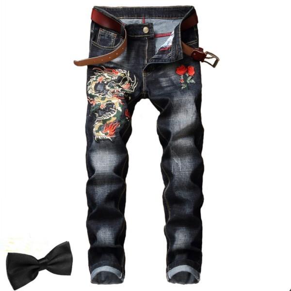 Men's Jeans 2021 Men Denim Pencil Pant Embroidery Stretch Red Rose Dragon Mens Casual Slim Trouser Power Man Club Hip Hop Cool Punk Jean