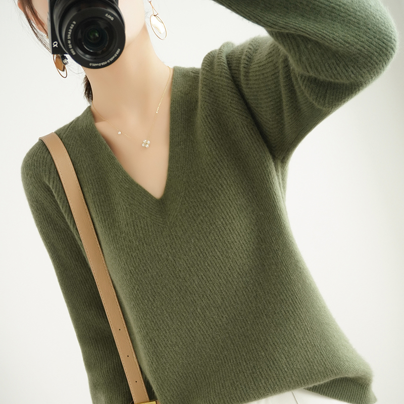 High-End Autumn Winter 100% Cashmere Sweater V- Neck Women's Female Loose Large Size Knitted Girl Clothes Tops Standard Outwear 201221