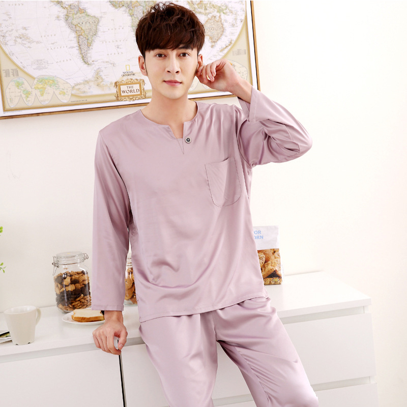 JULY'S SONG Satin Faux Silk Male Nightwear Solid Long Sleeve Pocket Soft Men's Sleepwear Pajamas Sets Casual Homewear Pyjamas 201109