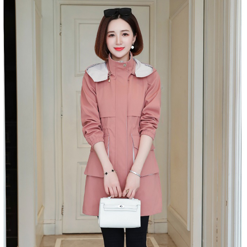 New Fashion Women's Spring Jacket Female Tops Korean Style Waist MidLong Women's Windbreaker Coat Hooded Overcoat Blue Y11 T200811