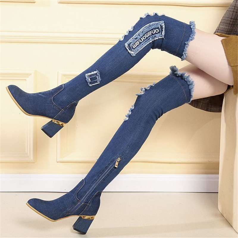 2021 New Womens Denim Boots on the Knee Pointed to Toe Thick High-heeled Casual Freestyle Style Shoes Cut Long Jeans High Tight Boot E6RO, Light blue
2021 New Womens Denim Boots on the Knee Pointed to Toe Thick High-heeled Casual Freestyle Style Shoes Cut Long Jeans High Tight Boot E6RO, Light blue
