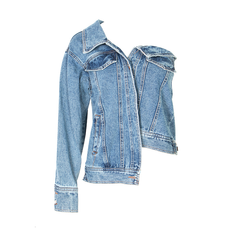 TWOTWINSTYLE Asymmetrical One Shoulder Denim Women's Jacket Lapel Collar Long Sleeve Pockets Female Jackets Autumn Fashion 201029
