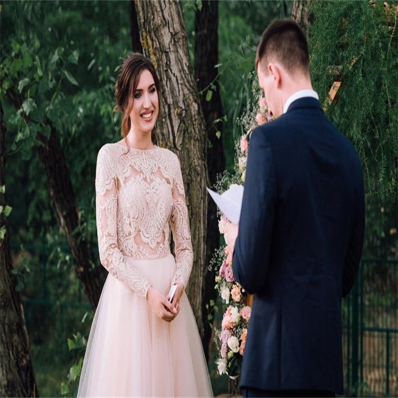 Gorgeous Beach Wedding Dresses A Line Jewel Long Sleeves Cheap Custom Made Lace Applique Ruched Tulle Bohemian Bridal Gowns Robe De Mariée