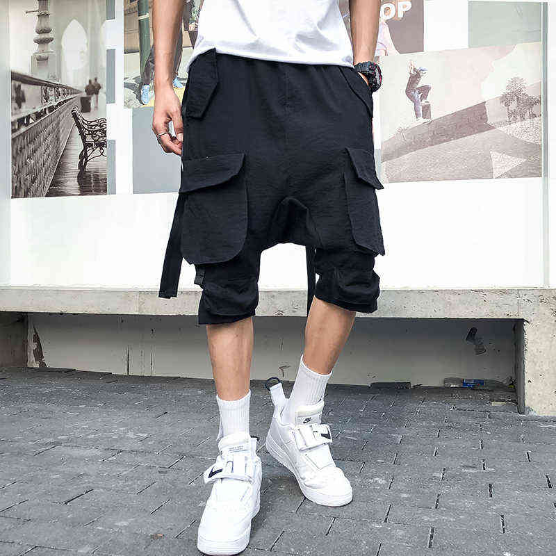 Multi Pockets Ribbons Cargo Shorts Mens Harajuku Hip Hop Drop Crotch Short Pants Korean Style Casual Shorts W220214