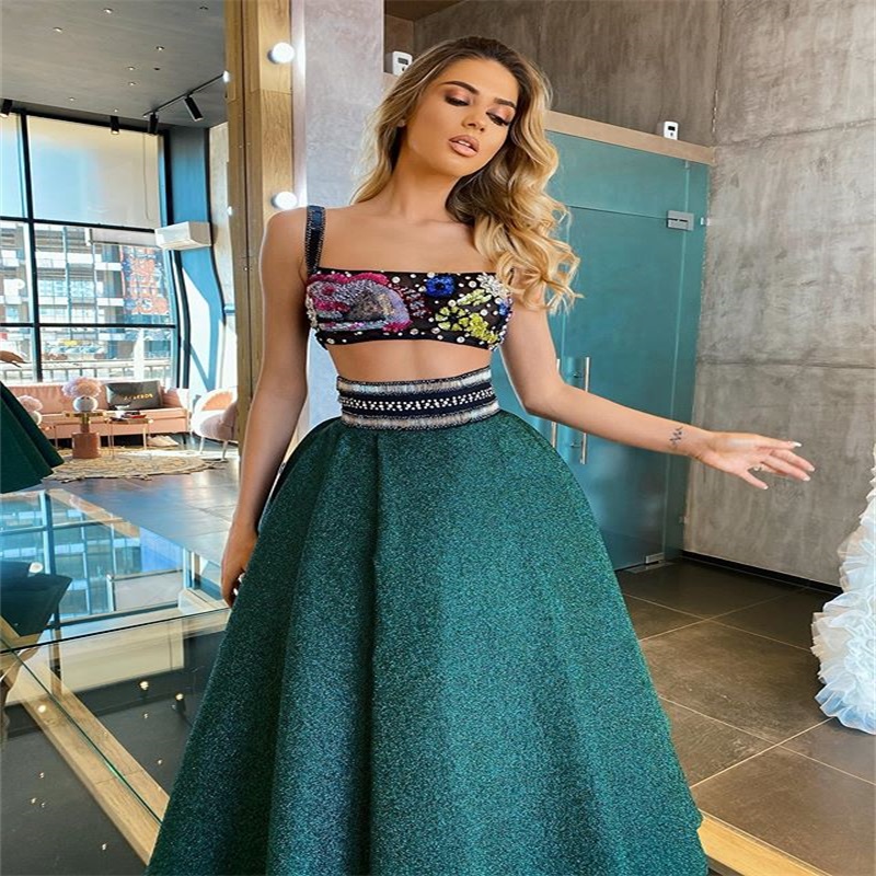 Two Pieces Evening Dresses Waistless Ruched A Line Prom Dresses Sexy Spaghetti Appliqued Beads Custom Made Knee Length Formal Party Gown