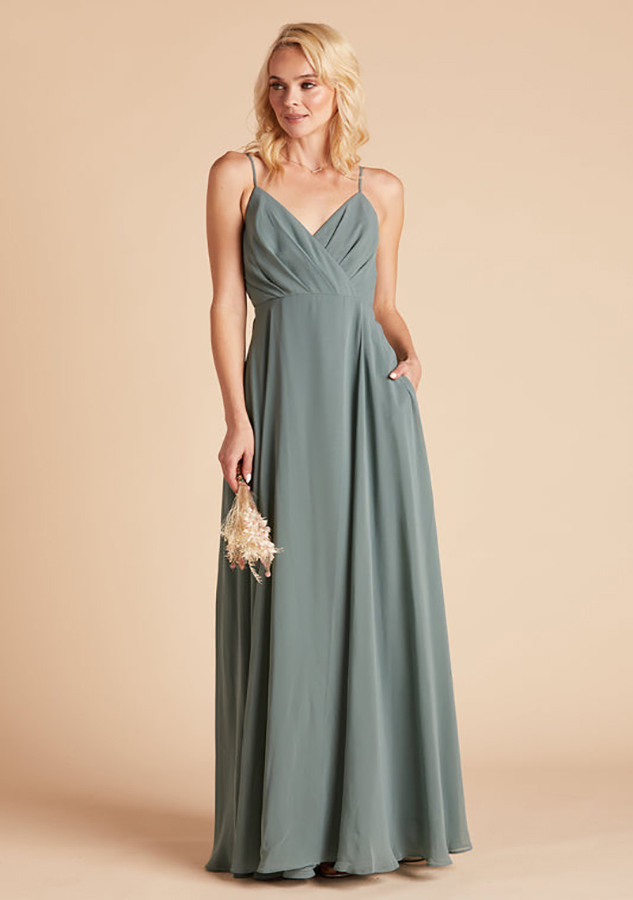 Flowy Chiffon Bridesmaid Dress Spaghetti Straps Pockets Maid Of Honor Dress Floor Length Wedding Party Guest Gowns