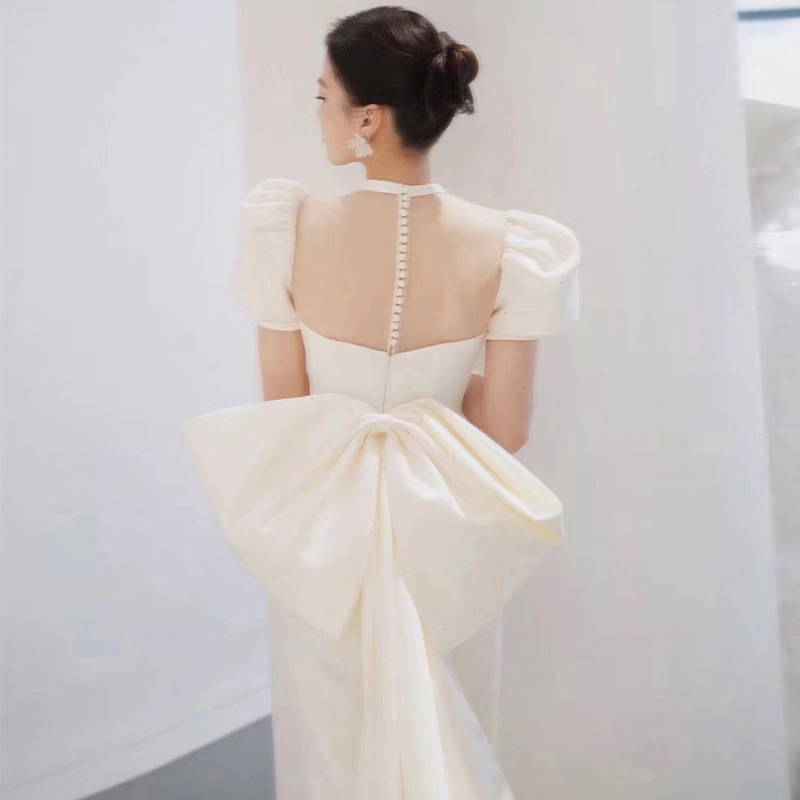 French Light Mermaid Wedding Dress Small Tail Welcome Yarn Simple Fishtail Satin Dress Bow Tie Simple Forging