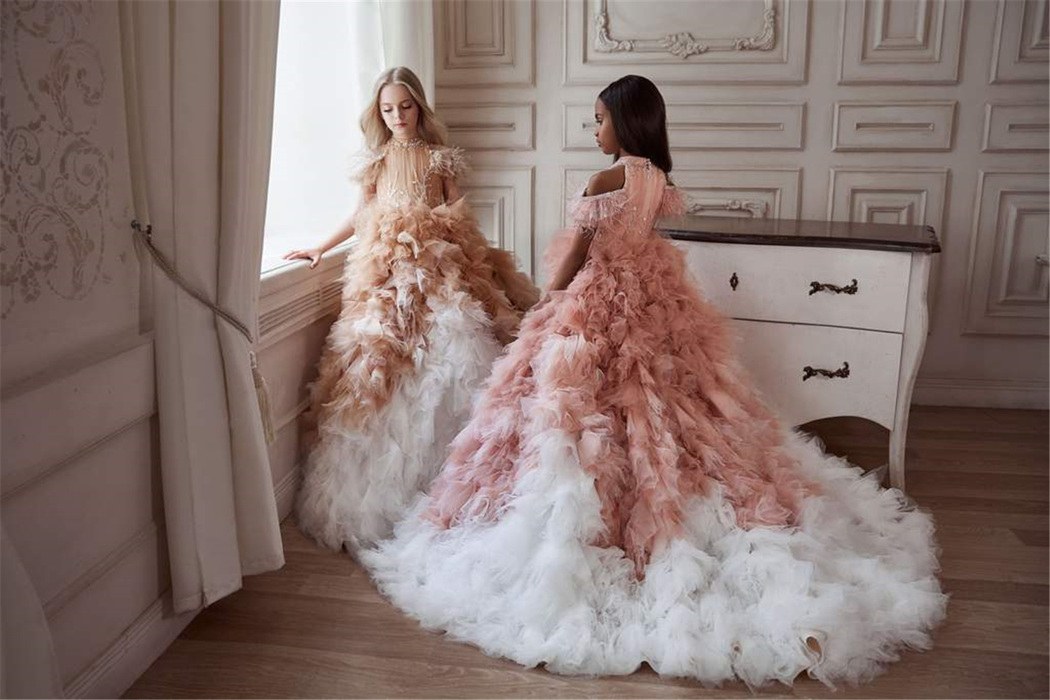 new girls pageant dresses crystal beaded sweep train tiered riffles girls birthday party gowns mixed color kids formal evening gowns