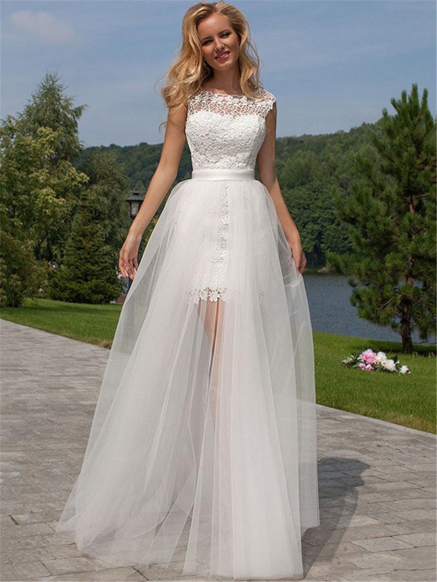 Modern Wedding Dresses With Bateau Sleeve-less Appliqued Race Wedding Dress With Detachable trailing Custom Made Vestidos De Novia