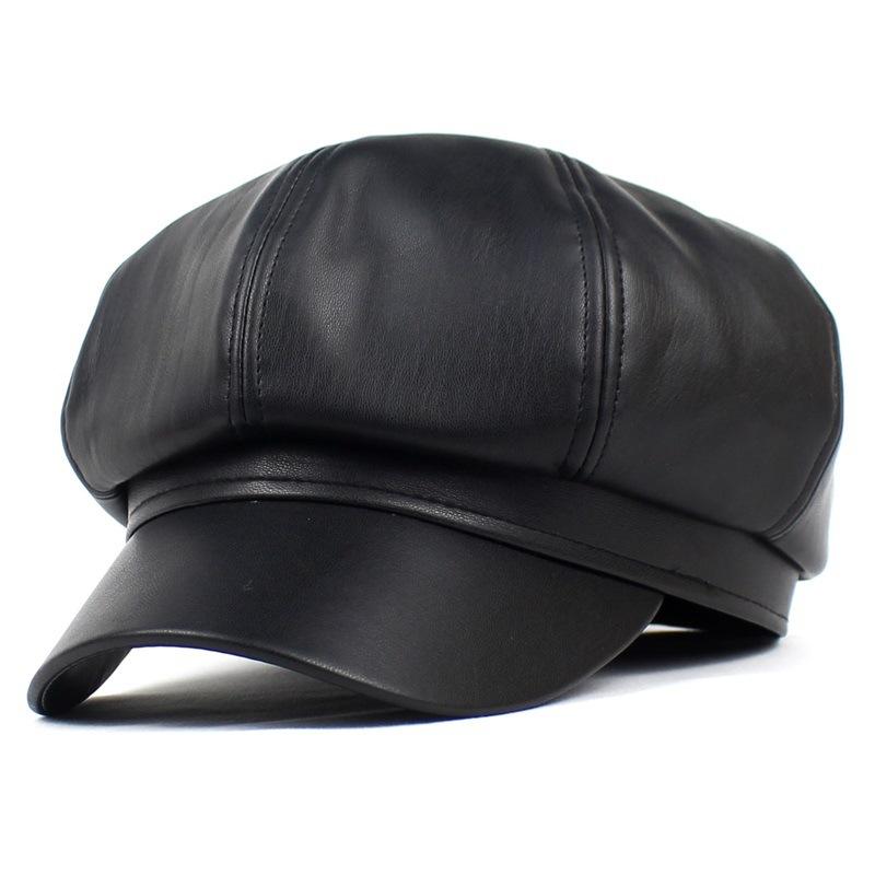 Women's Leather Octagonal Hat PU Matte Korean Fashion Waterproof Windproof Solid Color Berets Wild Curved Brim Peaked Cap
