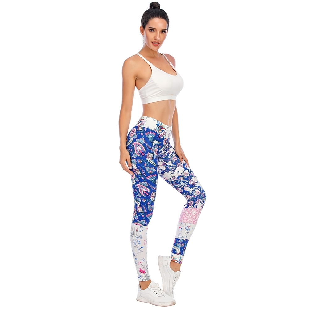 Zohra Sexy Women Blue Floral Stitching Printed Fitness leggins Fashion Slim legins High Waist Leggings Pants 201203