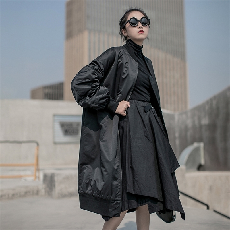 EAM Oblique Button Big Size Cottonpadded Coat Long Sleeve Loose Fit Women Parkas Fashion Spring Autumn 19Aa825 Y201001