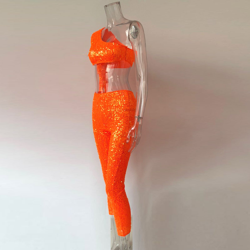 Shiny Orange Sequins Two 2 Piece Set One Shoulder Slope Long Sleeve Crop Top Mid-Calf Pencil Pants 2 Pcs Outfits Party Clubwear T200810