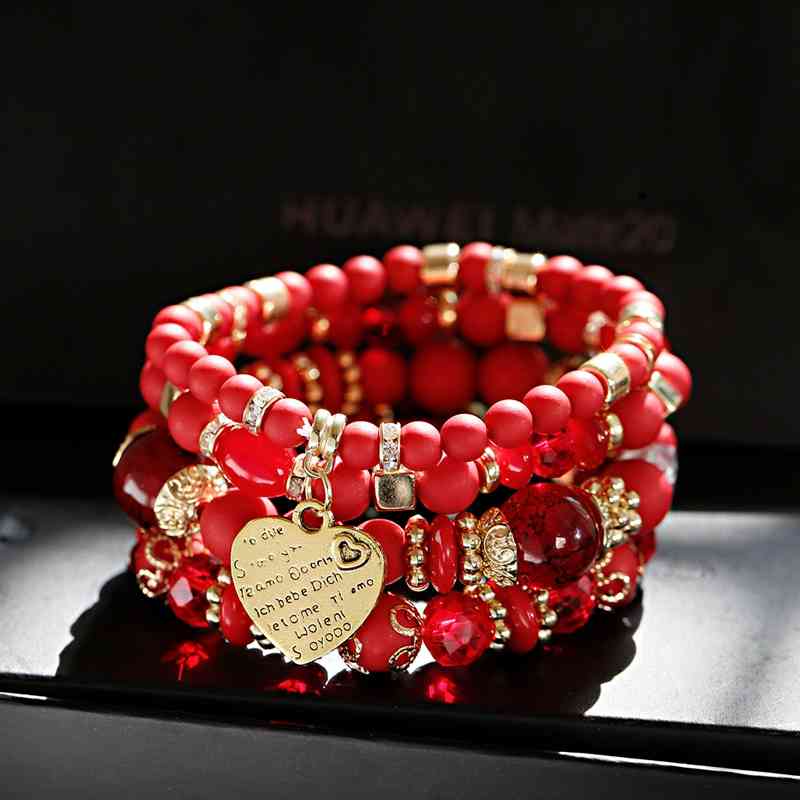 Tophanqi 4pcs/set Fashion Gold Metal Heart Crystal Beads Black Stone Beaded Bracelets Set for Women Boho Style Jewelry Gifts