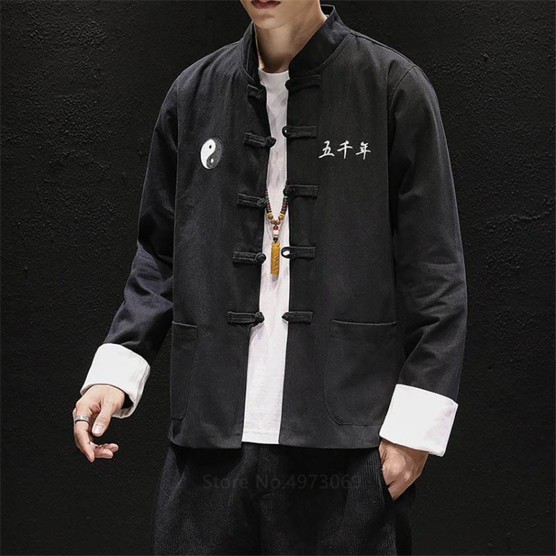 Ethnic Clothing Men Clothings 2021 Chinese Traditional Style Top Solid Color Retro Tai Chi Uniform Hanfu Fashion Autumn Tang Shirt