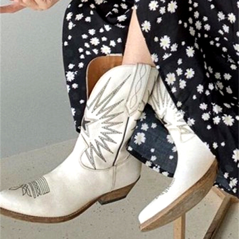Vinapobo New Embroidered Western Cowboy Boots for Women Square Med Heels Pointy Toe High Quality Knee High Boot Women Shoe 201103