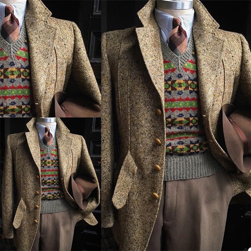 Handsome British Style Men Suits Woolen Harringbone Lapel Fit Bridegroom Formal Wear For Best Men Long Coat Newest Custom Made